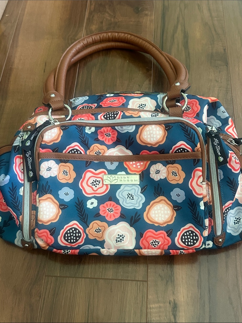 Lily Bloom Navy Floral Tote with Brown Handles